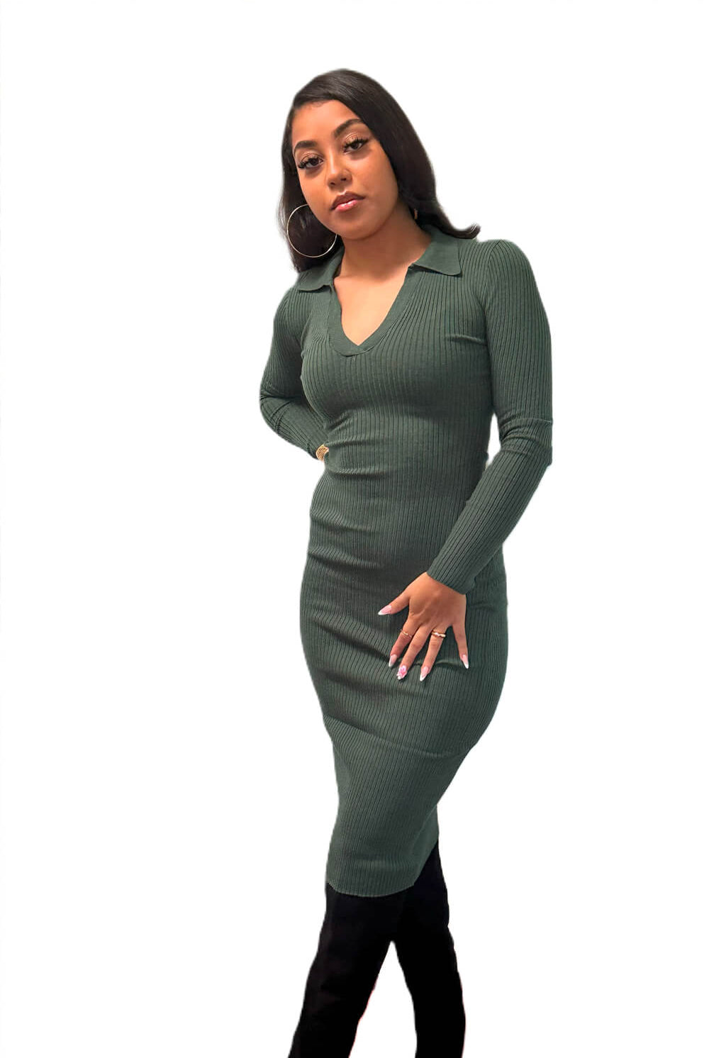 Forest green ribbed dress with a V-neckline and collar, knee-length design for a chic and flattering silhouette