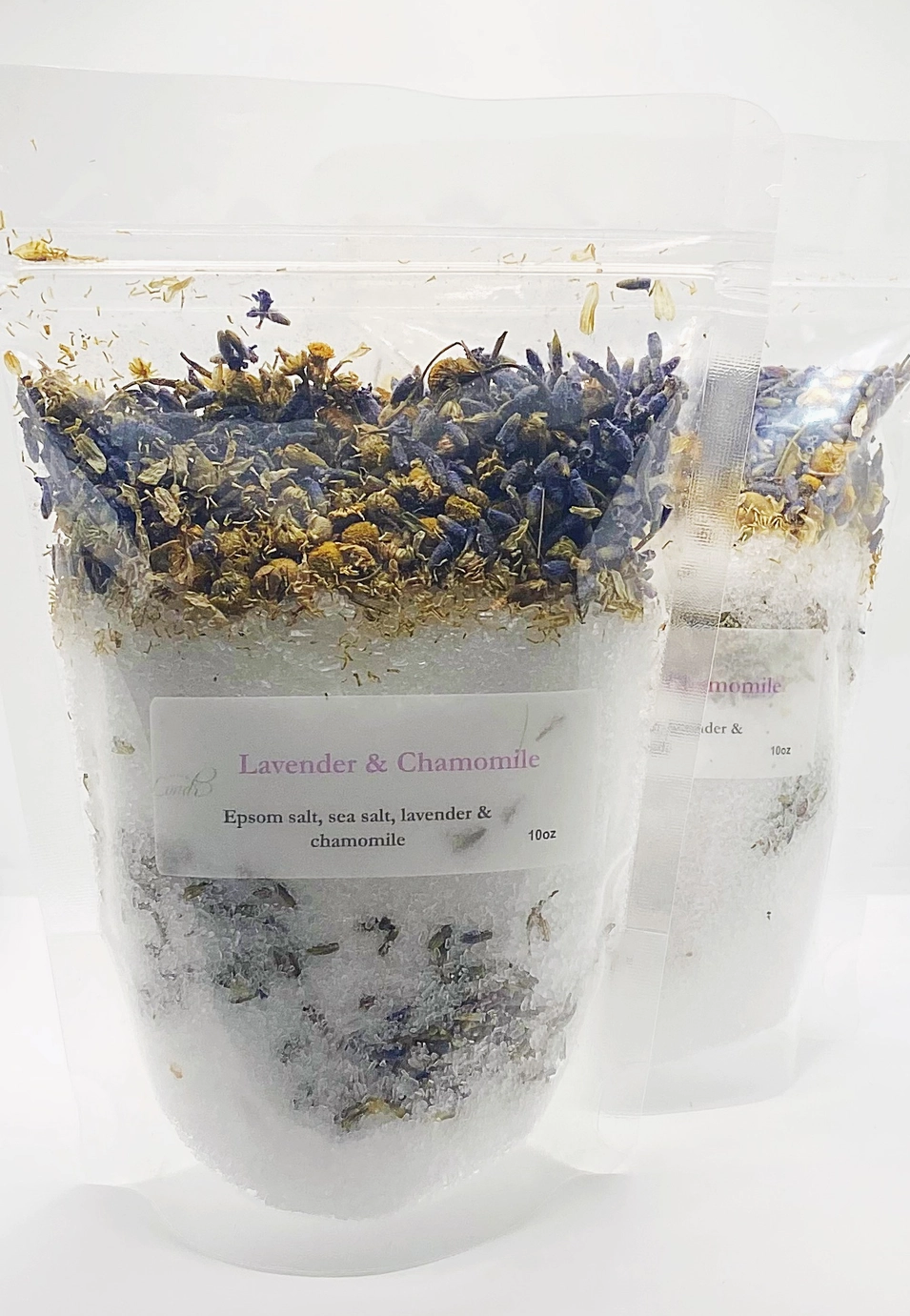 Bag of lavender and chamomile bath salts on a white background