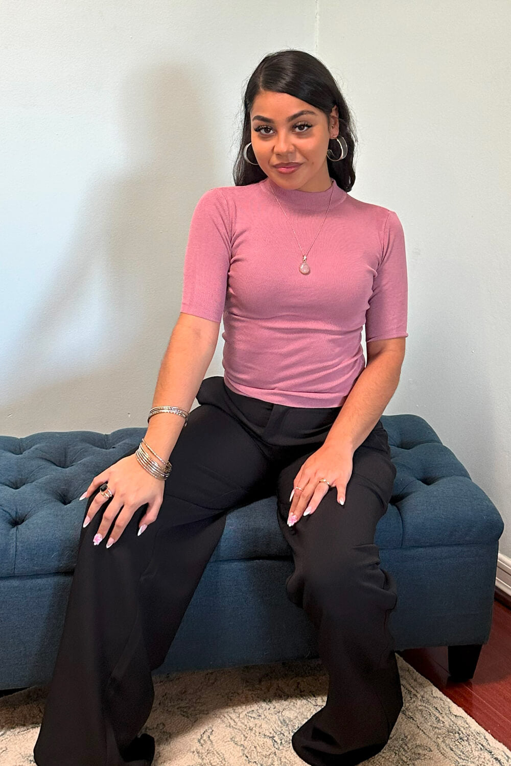 Mauve mock neck sweater with quarter sleeves in a soft stretch fabric