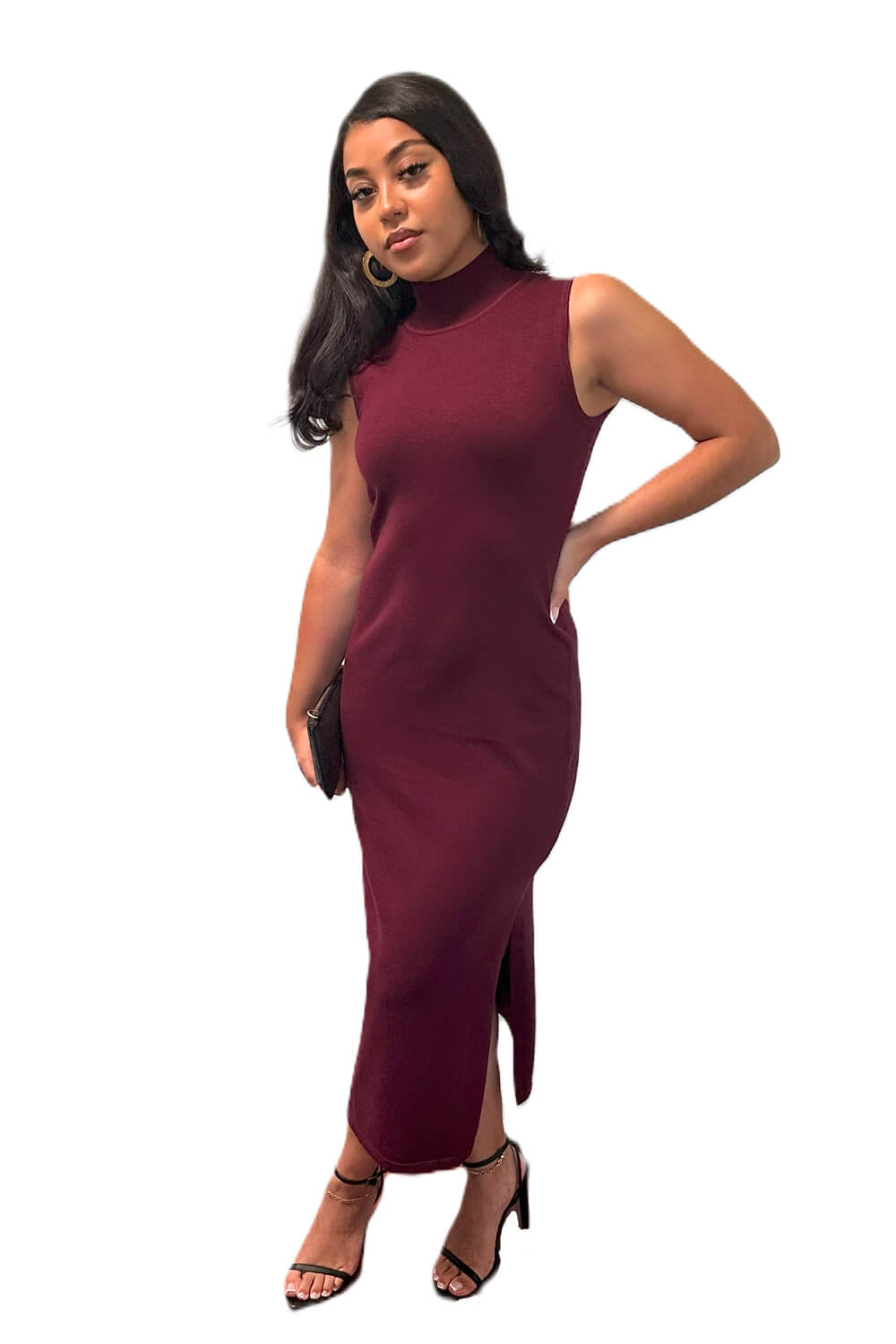 Burgundy mock neck sleeveless sweater dress with a body hugging fit and side slit