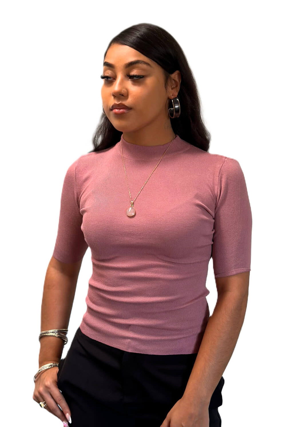 Mock neck sweater with quarter sleeves in a soft stretch fabric and a lovely mauve color