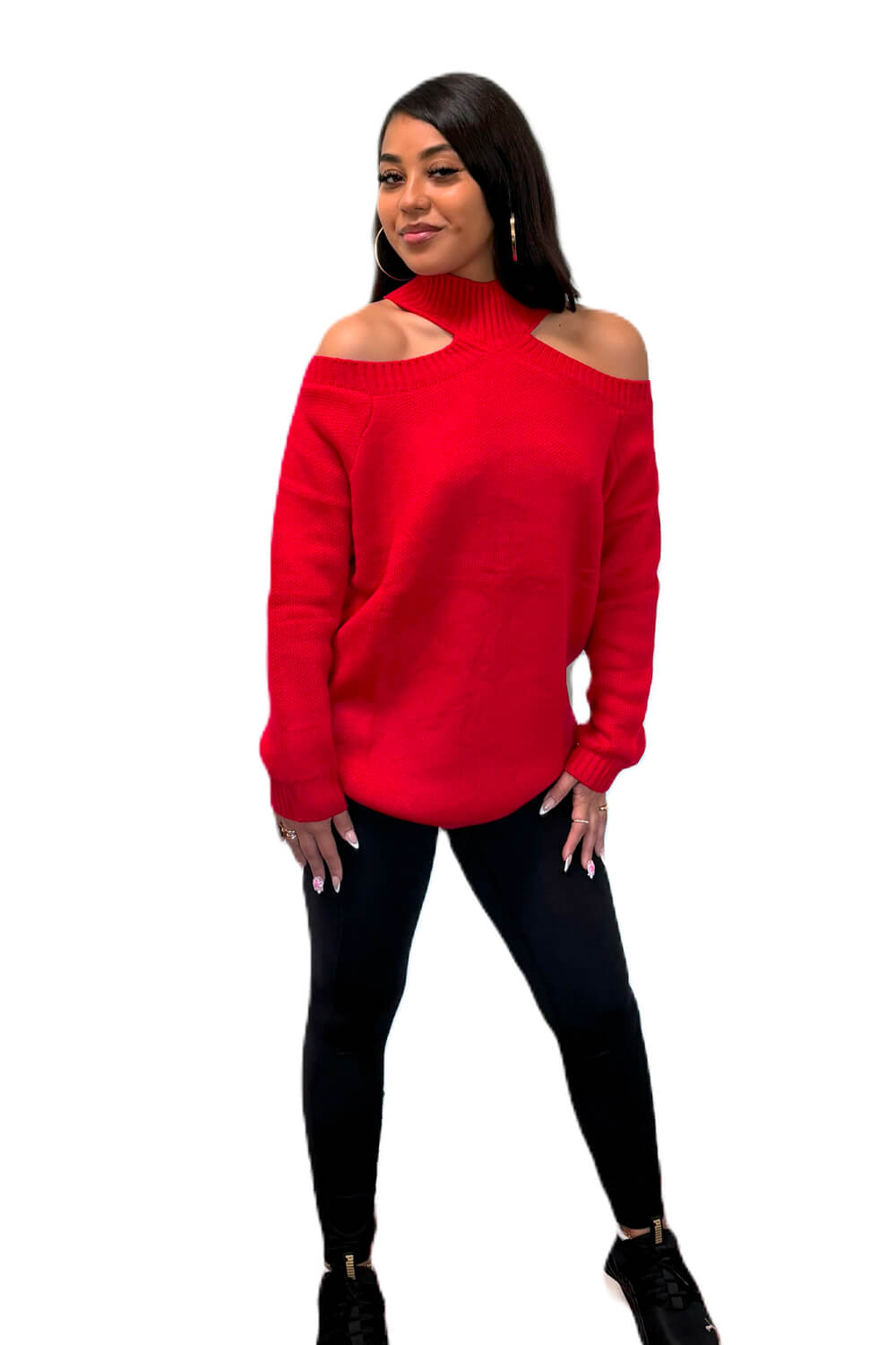 Open shoulder turtleneck sweater in a bold red color