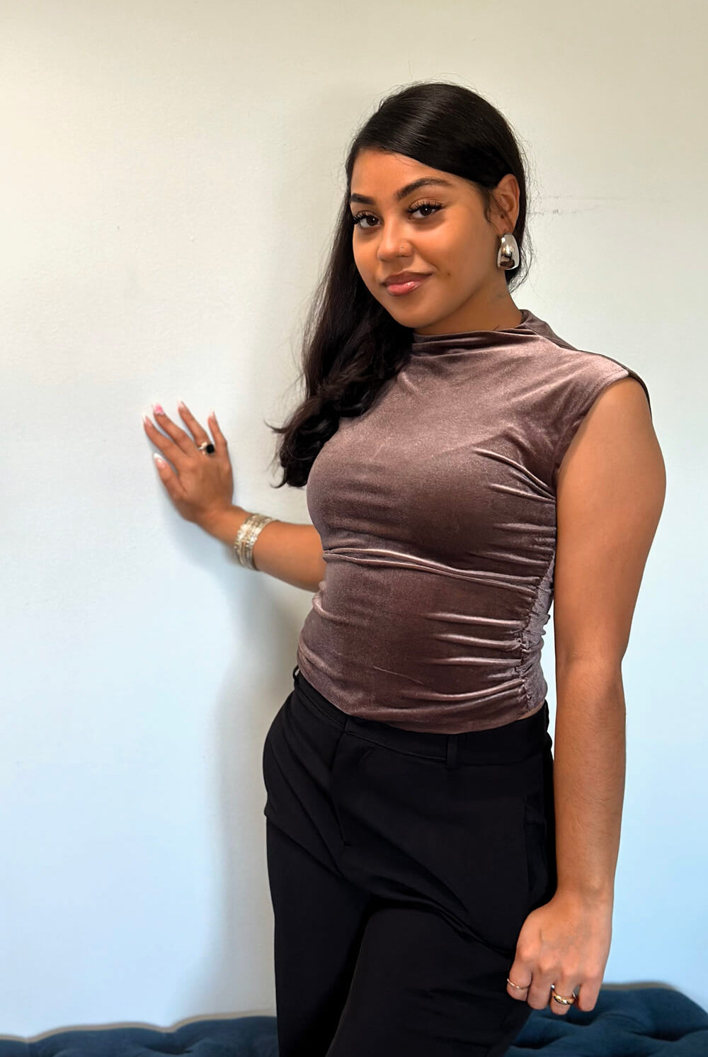 Velvet crew neck top in mocha, featuring ruching at the sides