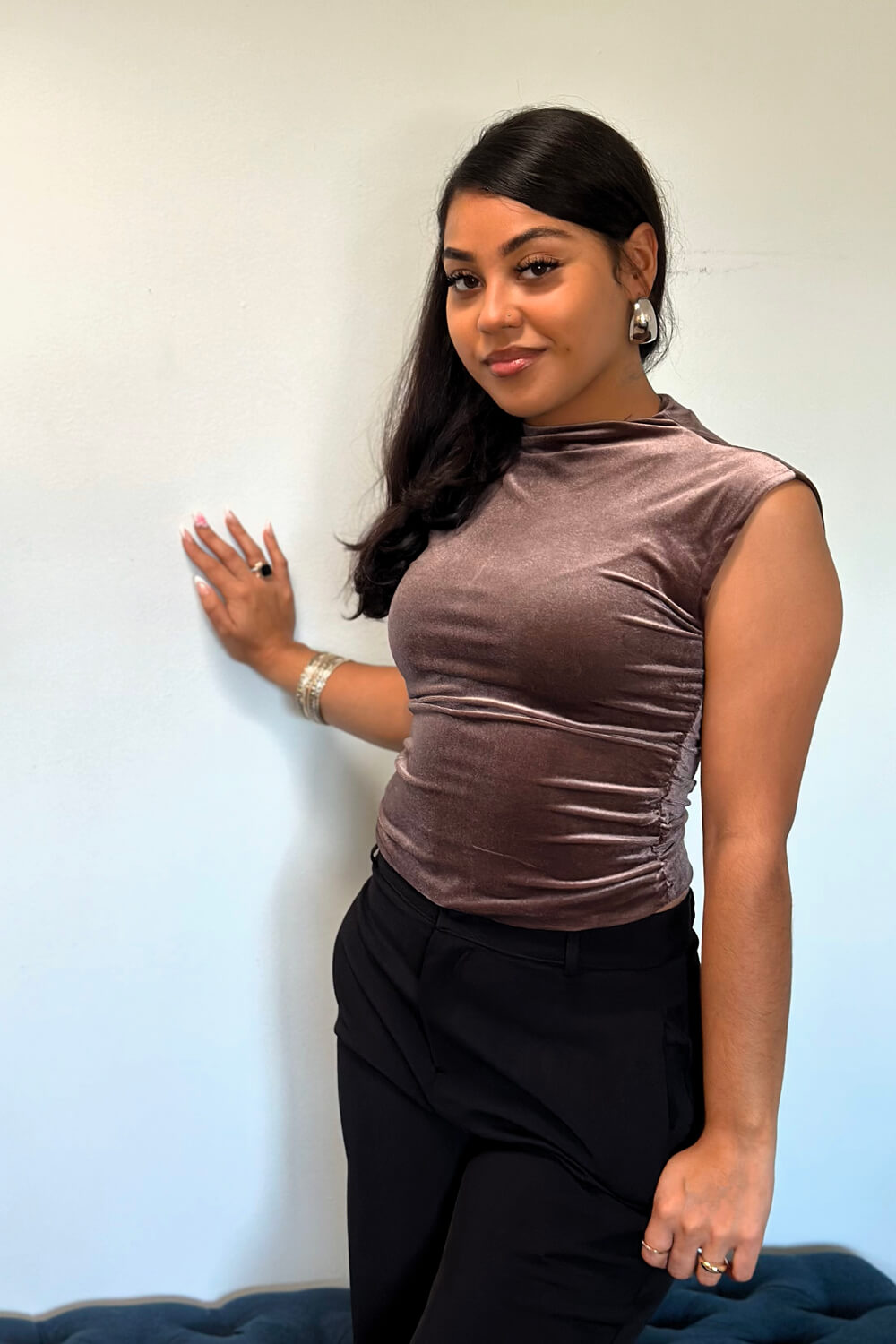 Velvet crew neck top in mocha, featuring ruching at the sides