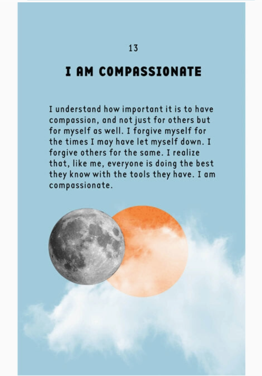 Example of affirmation card with text on a blue background with a moon and sun illustration, featuring a quote about compassion.