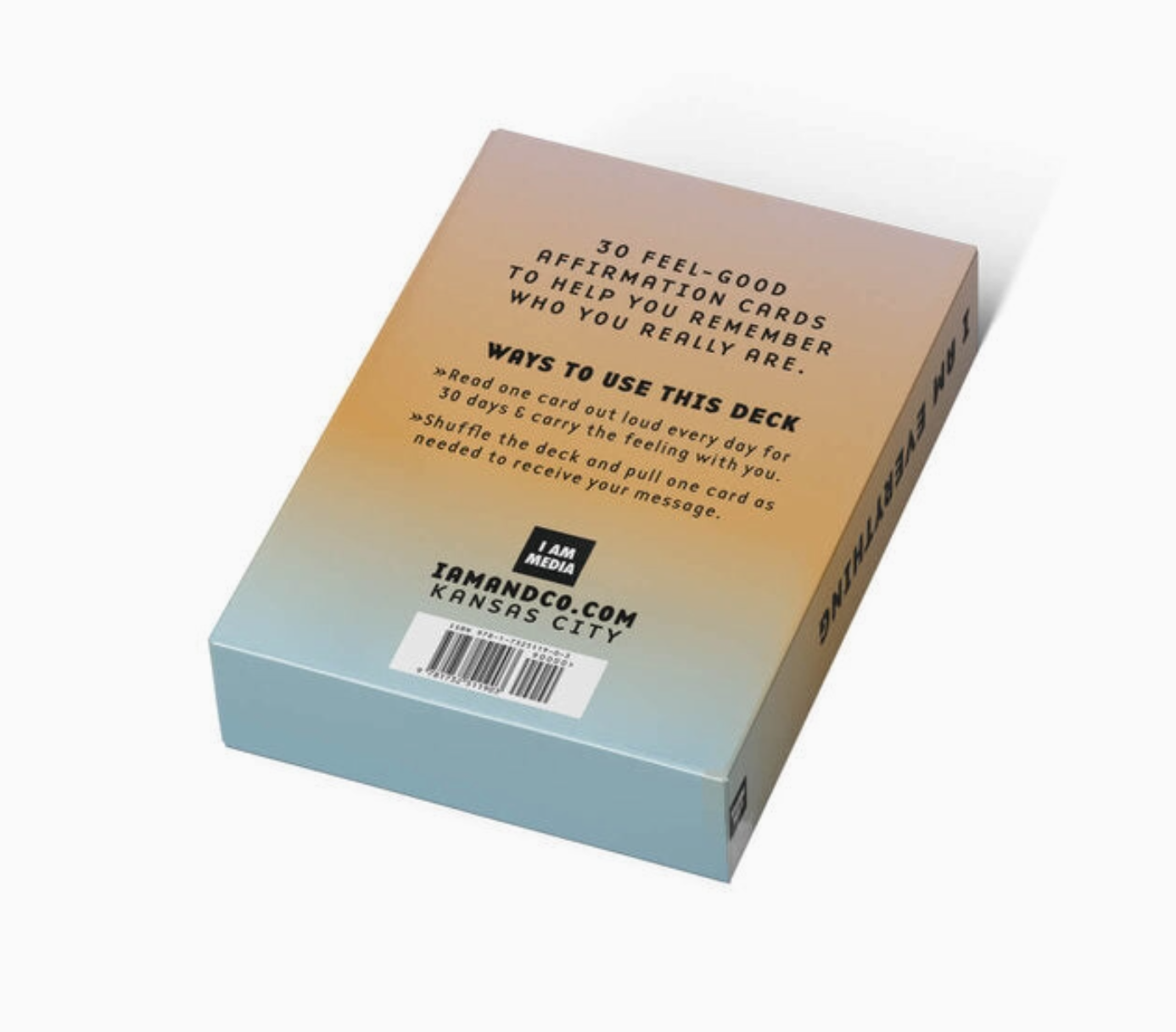 Box of affirmation cards with gradient design on a white background