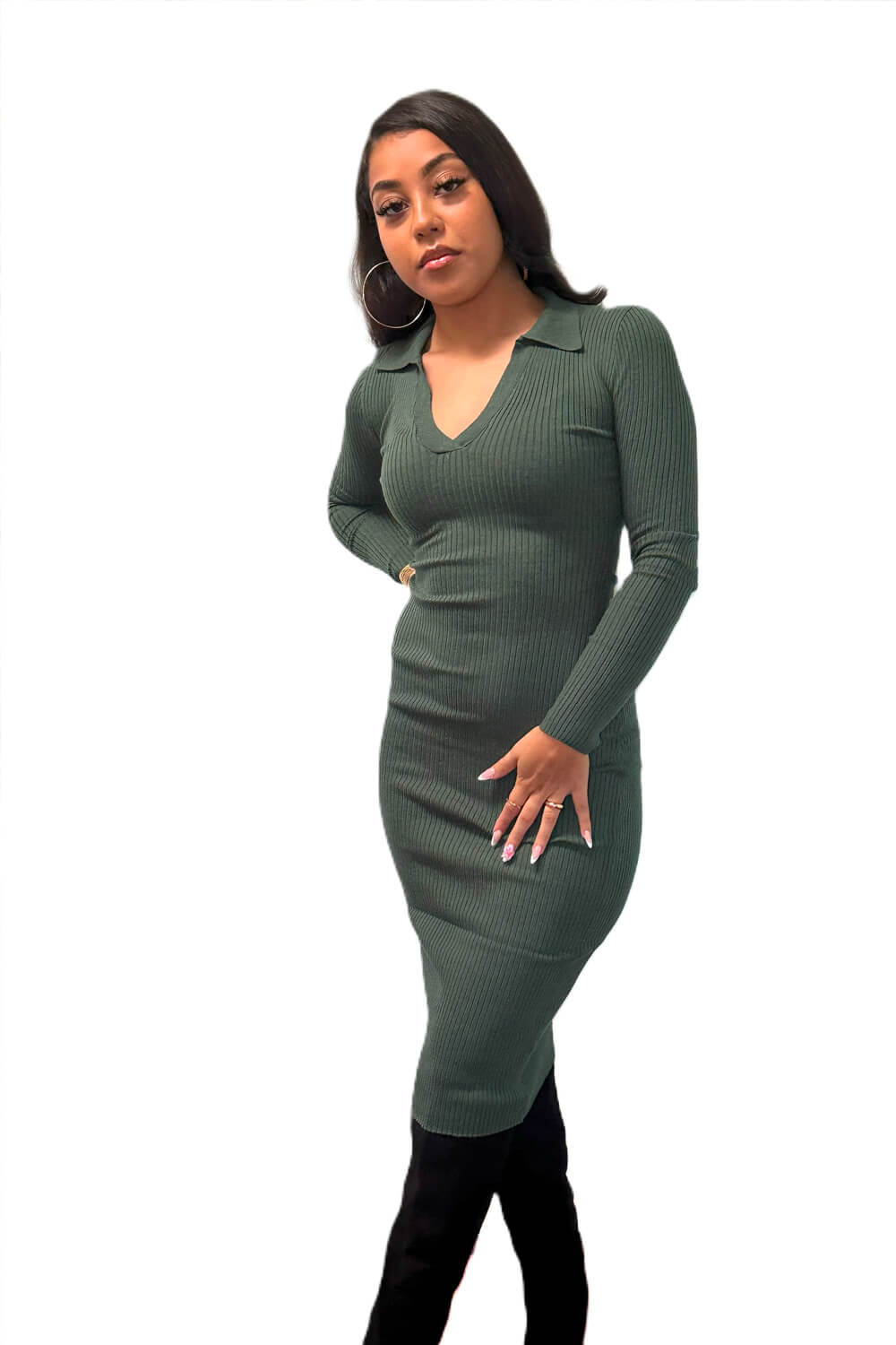 Forest green ribbed dress with a V-neckline and collar, knee-length design for a chic and flattering silhouette